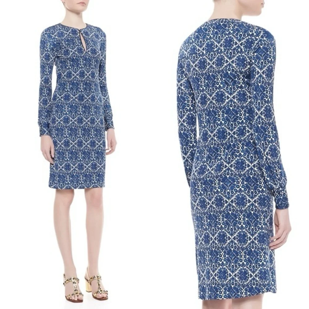 TORY BURCH Walker Long Sleeve‎ Fitted Mini Dress Navy Blue White Size M Keyhole